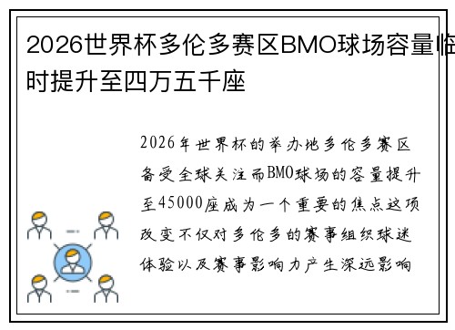 2026世界杯多伦多赛区BMO球场容量临时提升至四万五千座