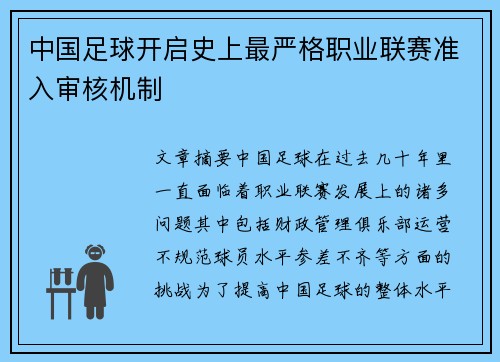 中国足球开启史上最严格职业联赛准入审核机制
